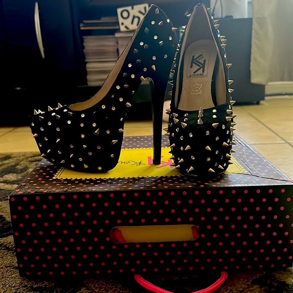 Gorgeous rhinestone and spike super high heels. Size 6